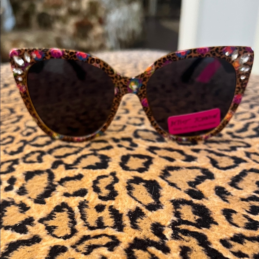 Betsey Johnson Leopard Print Cat-Eye Sunglasses with Pink Accents